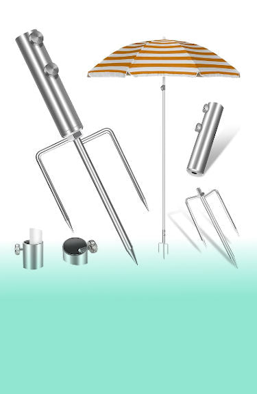 Pincho tipo tridente metálico para sombrilla de playa o jardín con detalles y sombrilla de ejemplo Herefun 