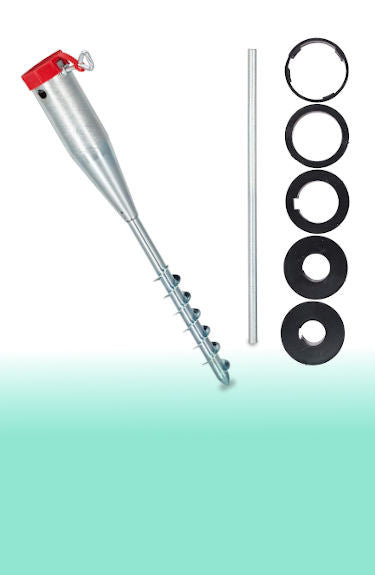 Pincho tipo tornillo de metal para sombrilla de playa con 5 anillos de diámetro Relaxdays sobre fondo blanco y verde