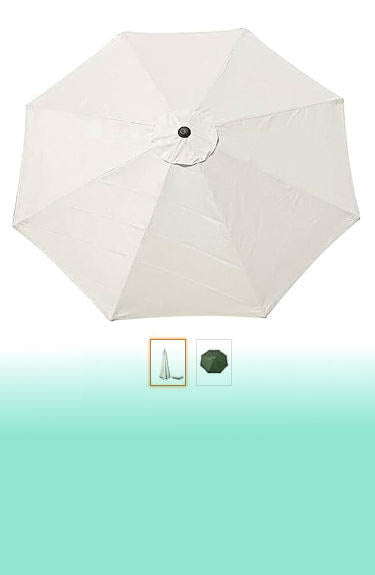 Lona de repuesto blanco roto mostrada abierta de 8 varillas disponible en 2 colores sobre fondo blanco y degradado verde