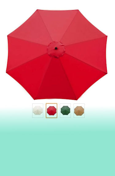 Lona de repuesto roja para sombrilla mostrada abierta y disponible en 3 colores más sobre fondo blanco y degradado verde