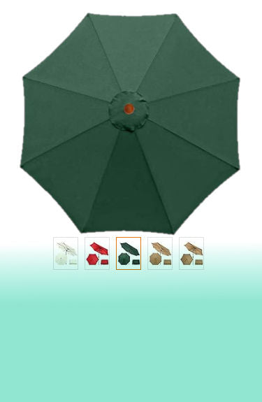 Lona de recambio de parasol verde mostrada abierta de Ø3 m, para 6 u 8 radios y disponible en 5 colores sobre fondo blanco y degradado verde

