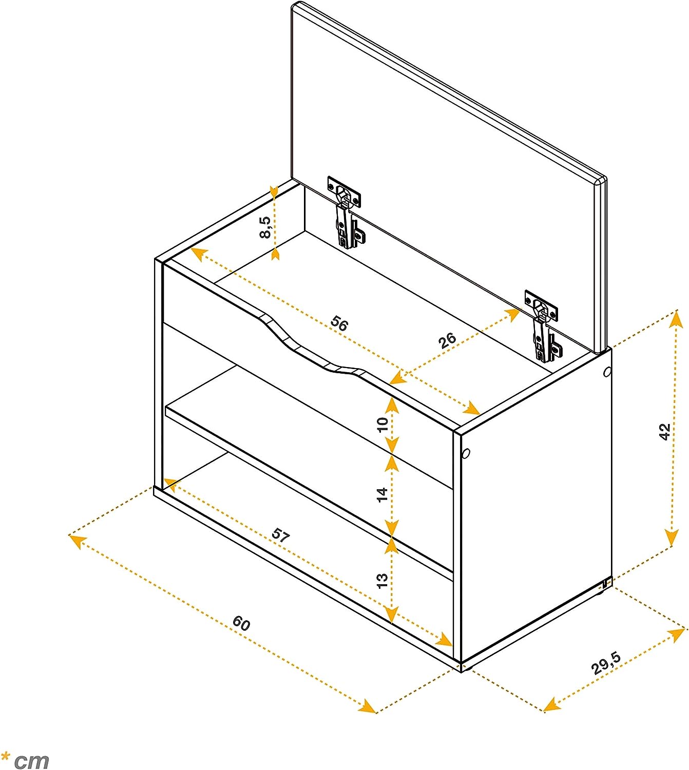 Medidas del Banco Zapatero para recibidor con asiento acolchado color Rústico 60x42x30cm. WM032-ES-B. RICOO