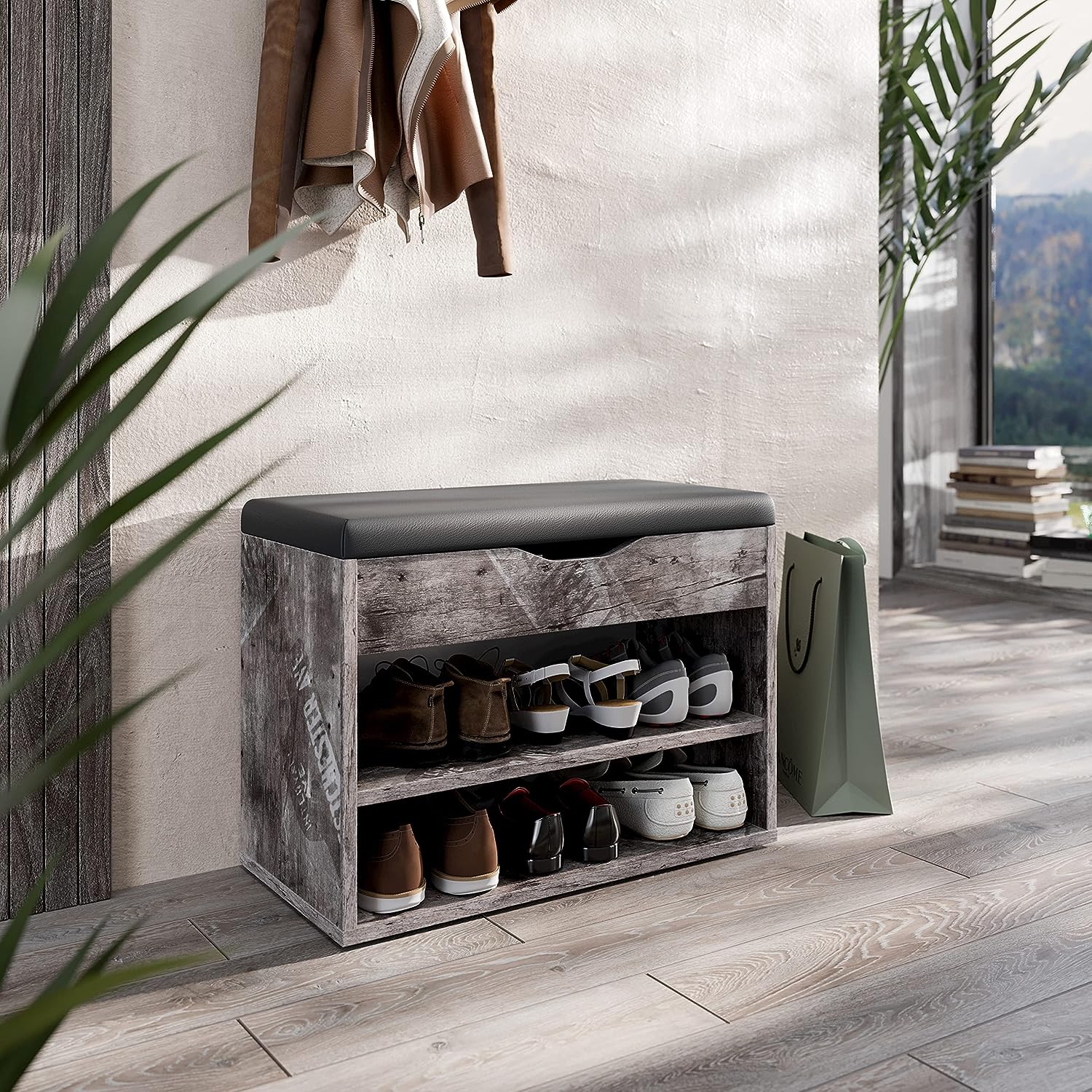 Vista en ambiente de habitación con el Banco Zapatero con asiento acolchado color Rústico Vintage 60x42x30cm WM032-ES-B. RICOO