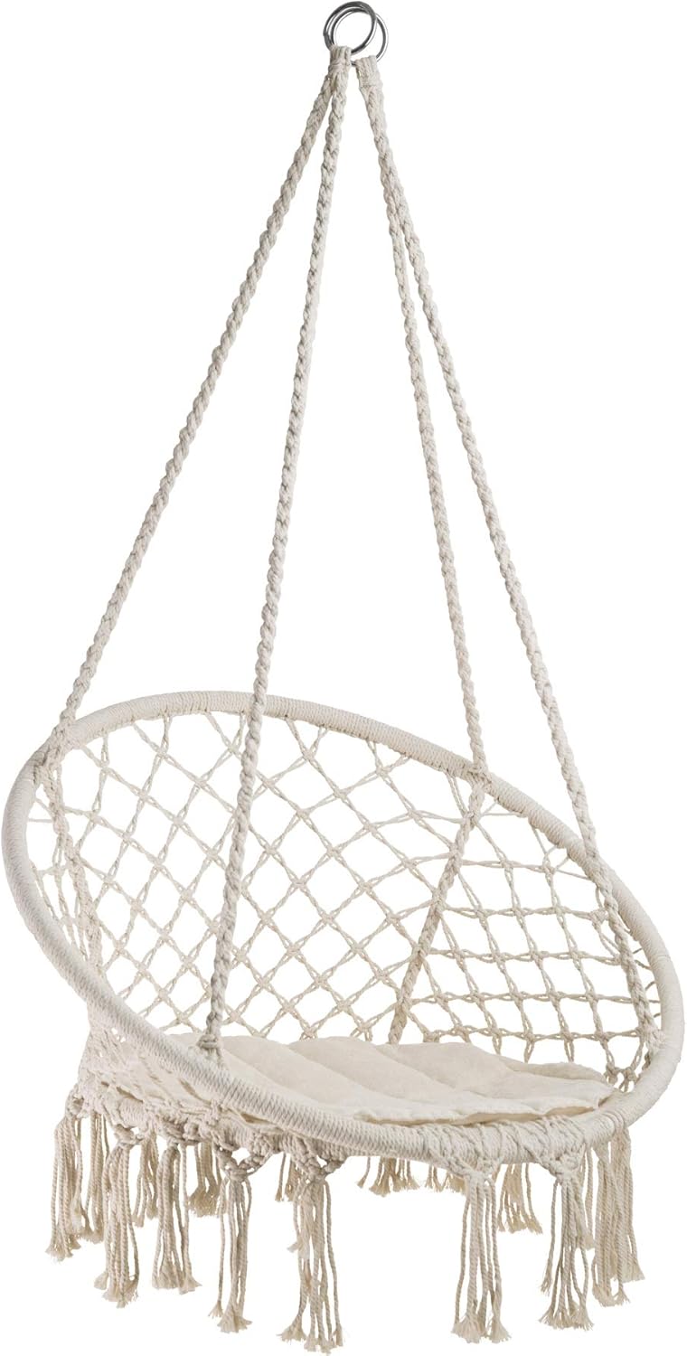 Silla Colgante con Cojín, Estructura de Acero, Ideal para Jardín Exterior Terraza Color crudo TecTake