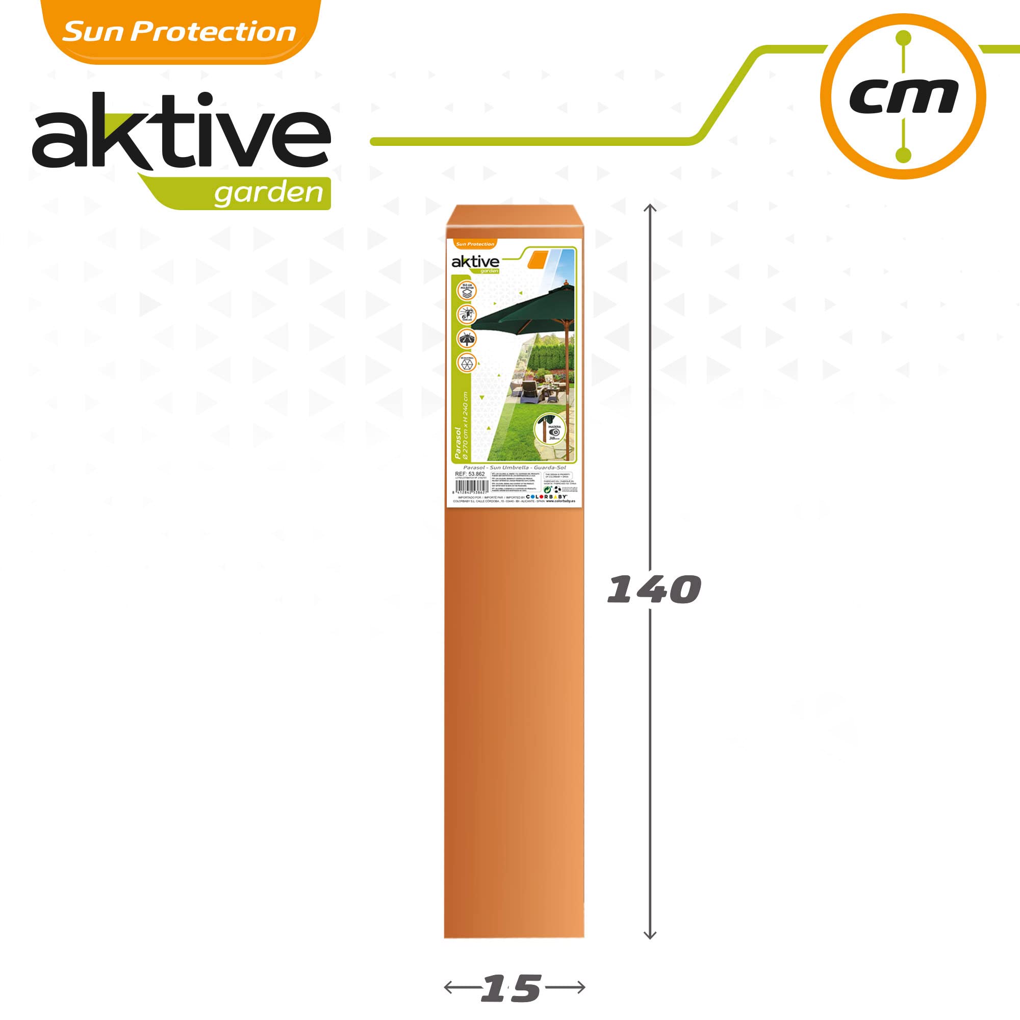 Medidas del packaging de la sombrilla de madera Aktive y lona verde sobre fondo blanco