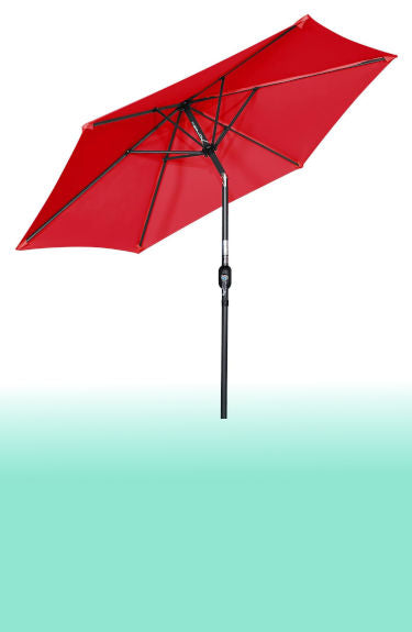 Sombrilla de patio o terraza roja de 270 cm Angel Living sobre fondo blanco y franja verde abajo maxjardín