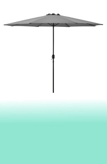 Sombrilla de patio o terraza gris Casapro de 300 cm sobre fondo blanco y franja verde abajo maxjardín
