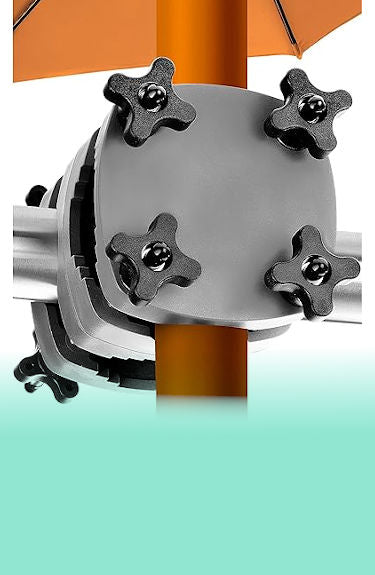 Soporte de sombrilla hasta 3,5 m de envergadura con mástil hasta 42 mm para barandilla de hasta 5 cm 4Smile sobre fondo blanco y verde
