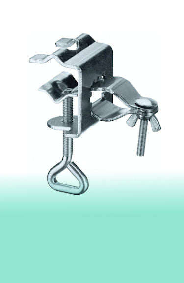 Soporte de sombrilla para barandilla en vertical y horizontal hasta 3,8 cm y mástil de 22 a 28 mm Geezy metálico sobre fondo blanco y verde