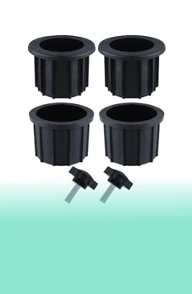 Juego de 4 tapones en 2 diámetros y 2 tornillos de ajuste para sombrilla de mesa Luter sobre fondo blanco y verde