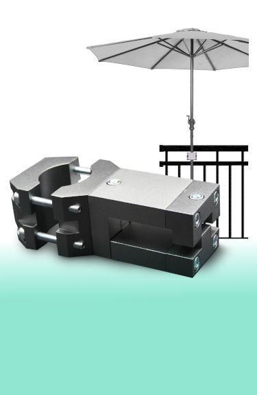 Soporte de sombrilla para barandilla rectangular hasta 4x9 cm y mástil de 20 a 50 mm KD-Tech sobre fondo blanco y verde