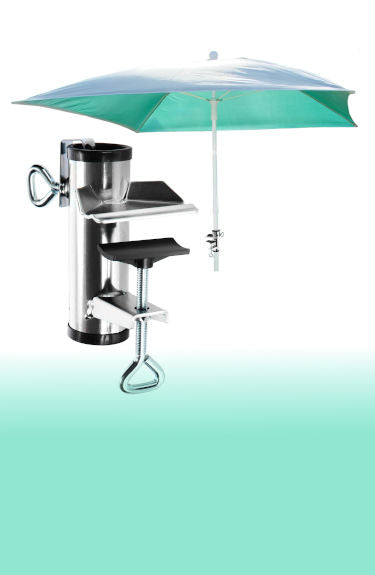 Soporte de sombrilla para barandilla hasta 5 cm y mástil de 25 a 38 mm Comfour sobre fondo blanco y verde