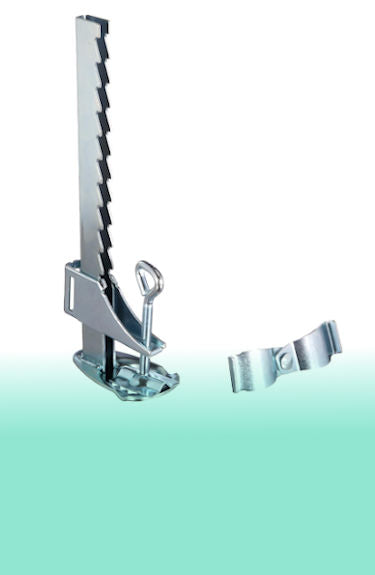 Soporte de sombrilla de acero para barandilla hasta 19 cm y barra horizontal de 25 mm y vertical de 32 mm Greemotion sobre fondo blanco y verde