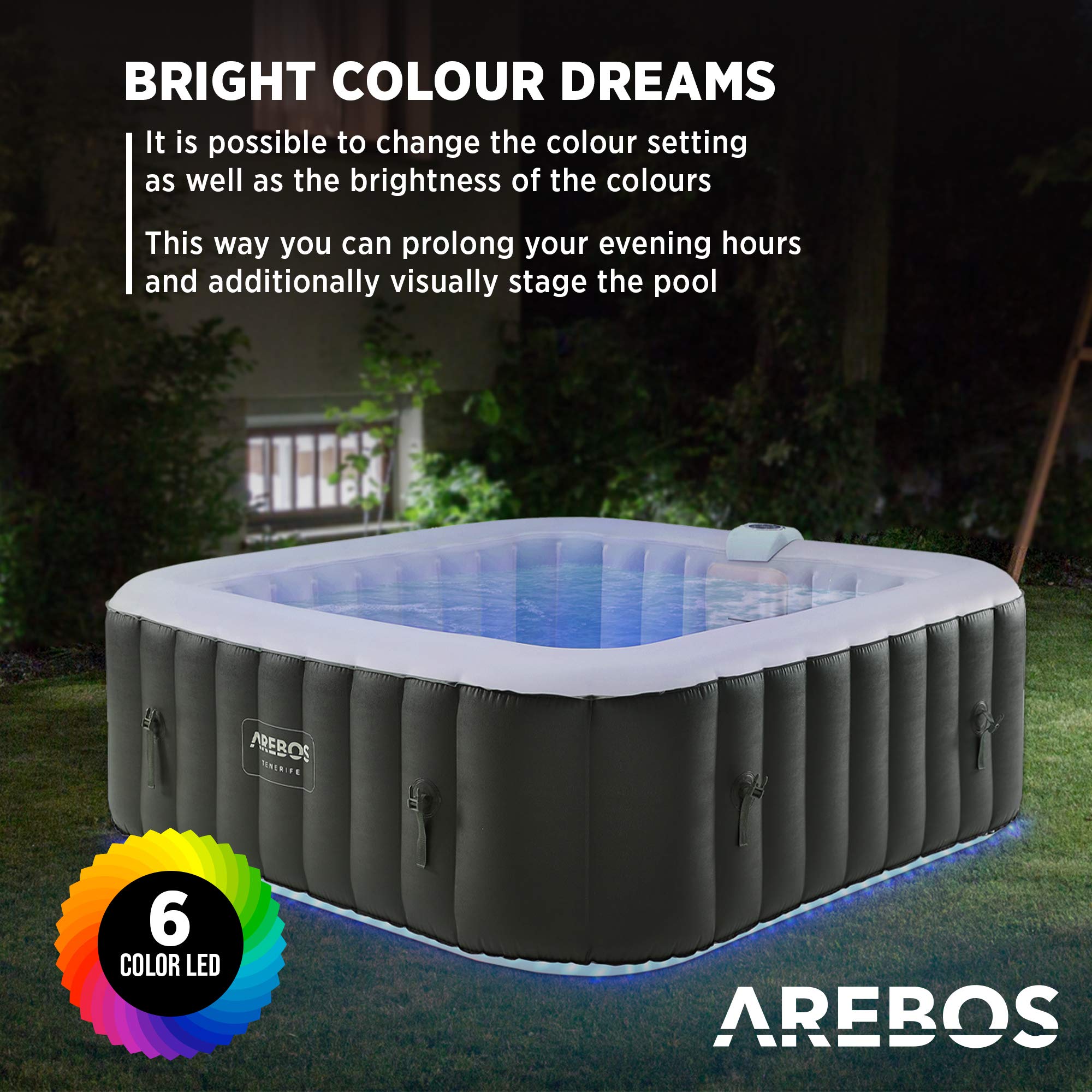 6 Colores disponibles del SPA Hinchable Whirlpool de 185x185cm con Cubierta y Luz LED Arebos en bonito patio.