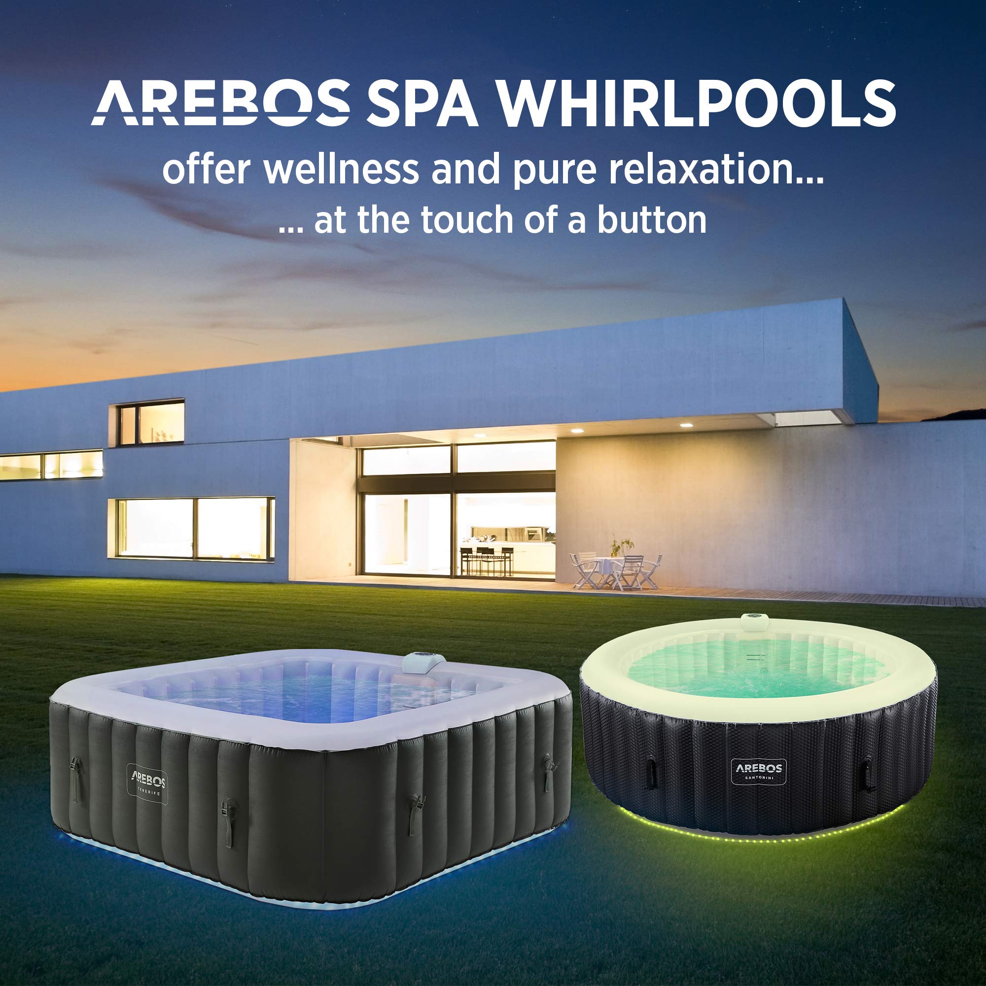 Comparativa del SPA Hinchable modelo redondo y el cuadrado Whirlpool de 185x185cm con Cubierta y Luz LED Arebos en bonito jardín