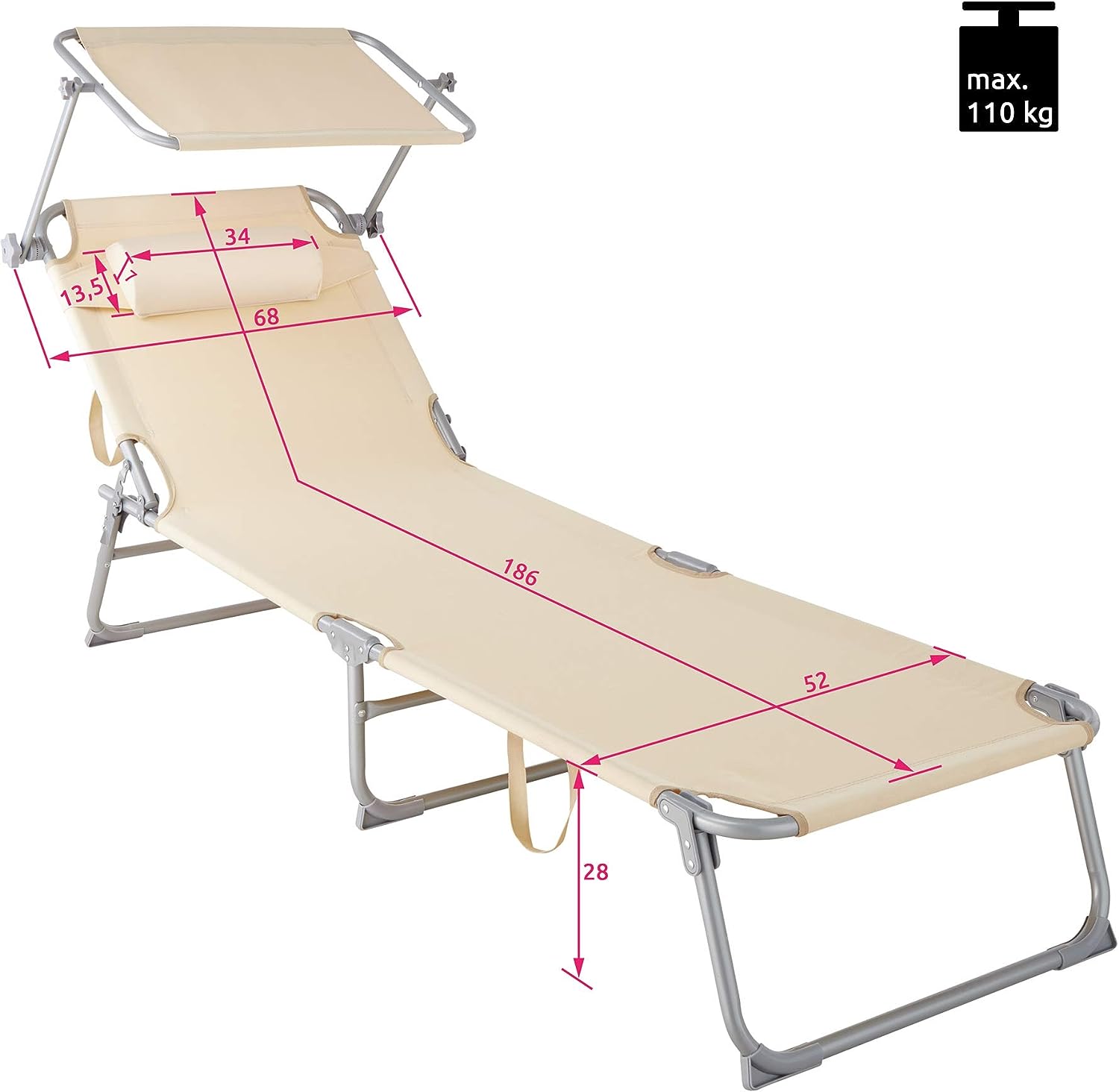 Medidas de la tumbona  de Playa con Parasol, Respaldo Ajustable 4 Posiciones, Reposacabezas Extraíble, Exterior Piscina Terraza beige | 800773 TecTake