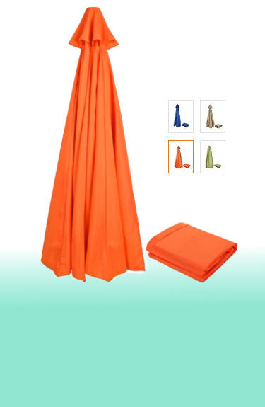 Lona de recambio naranja para sombrilla mostrada plegada y disponible en 4 colores Hanobc sobre fondo blanco y degradado verde