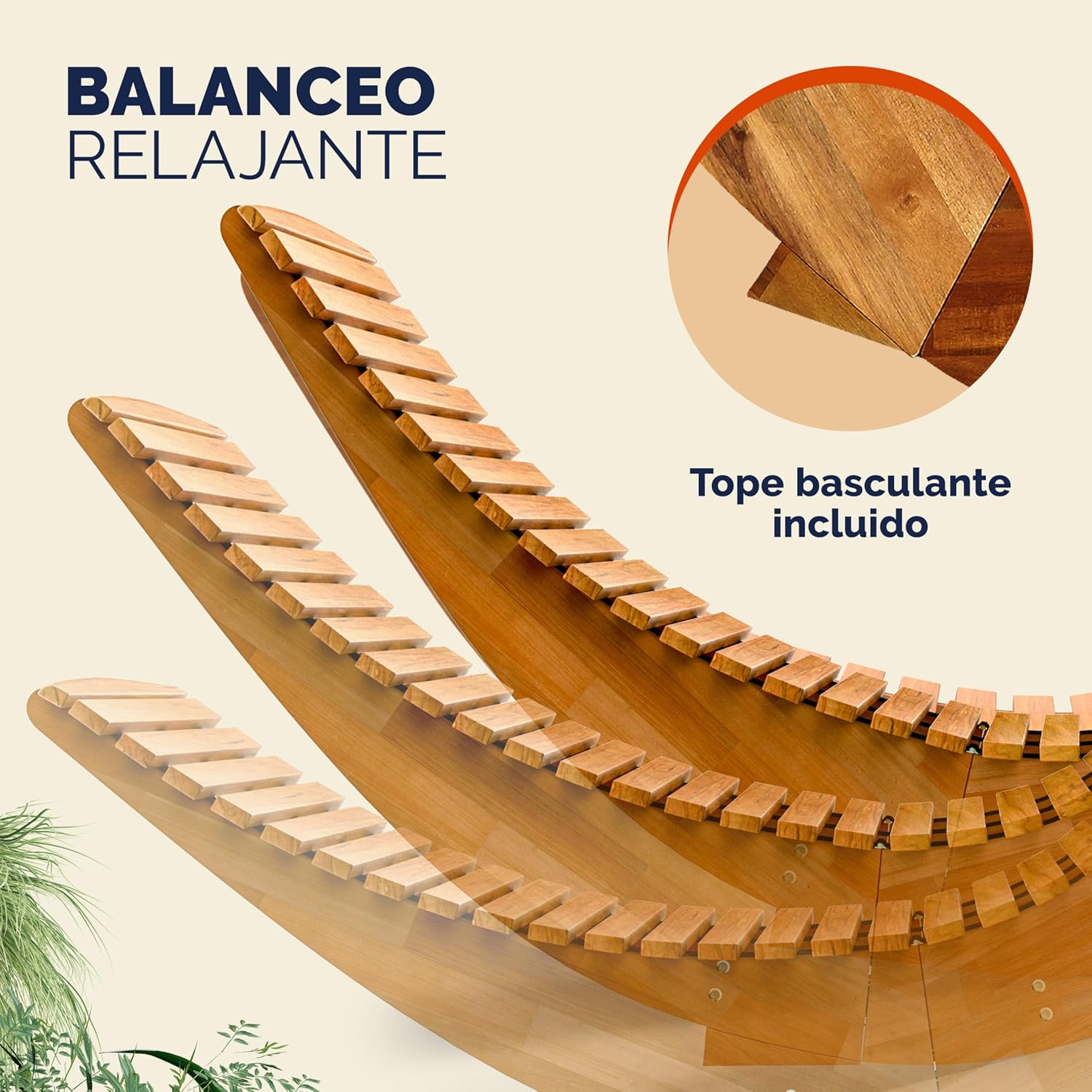 Detalle del balanceo de la tumbona mecedora Casaria de madera con tope basculante
