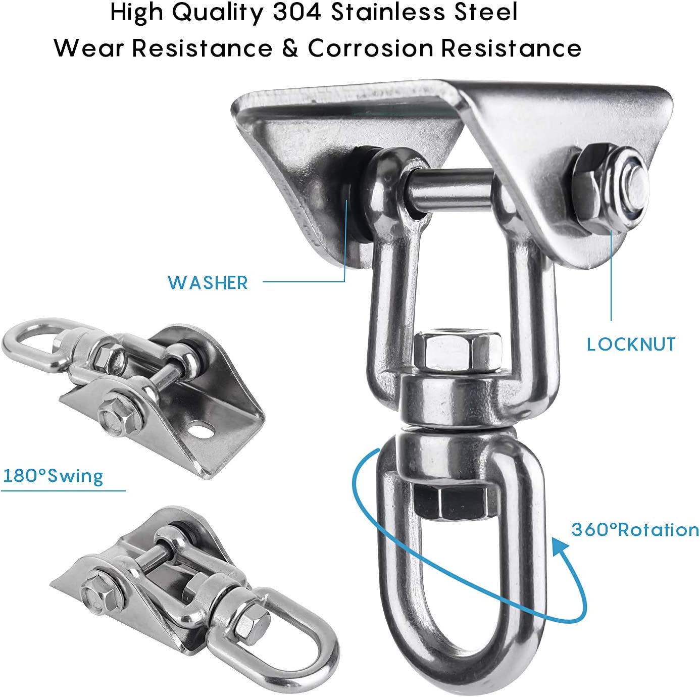 Características de los Ganchos de Techo hasta 500 Kg, SUS304 Stainless Steel, 360° Rotación Anclaje de Techo, 4 Tornillos para Hormigón, Hamaca y Columpios. Ulikey