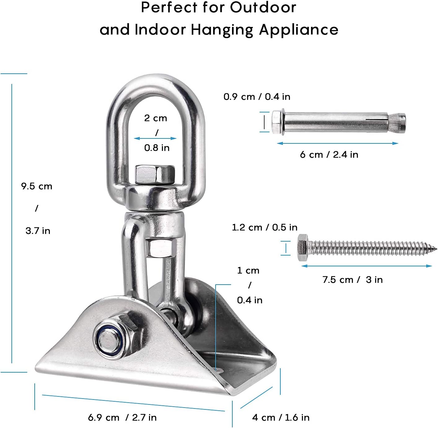 Medidas de los Ganchos de Techo hasta 500 Kg, SUS304 Stainless Steel, 360° Rotación Anclaje de Techo, 4 Tornillos para Hormigón, Hamaca y Columpios. Ulikey