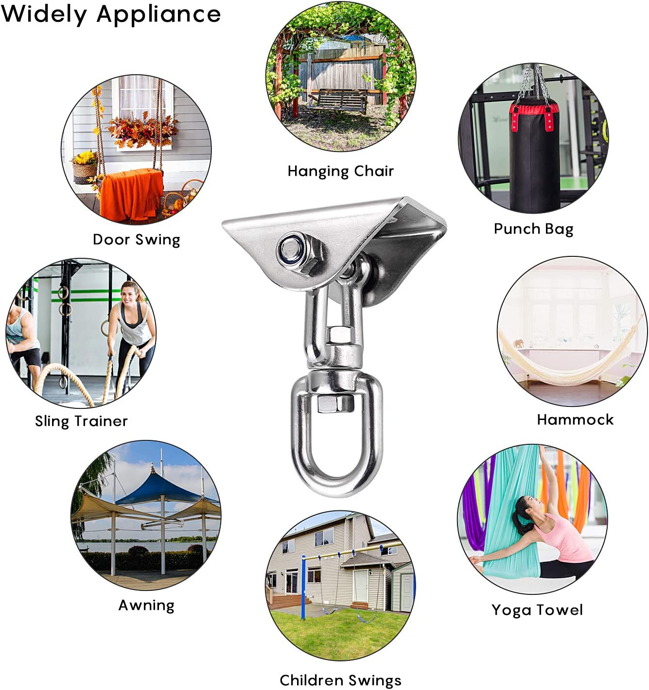 Diversidad de usos de los Ganchos de Techo hasta 500 Kg, SUS304 Stainless Steel, 360° Rotación Anclaje de Techo, 4 Tornillos para Hormigón, Hamaca y Columpios. Ulikey
