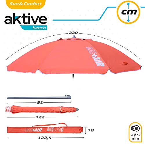 Medidas de la Sombrilla de playa Grande Antiviento Ultrarresistente, Mástil inclinable, Incluye bolsa de almacenamiento con asa de transporte, Sombrilla playa grande color coral. 62245 - AKTIVE