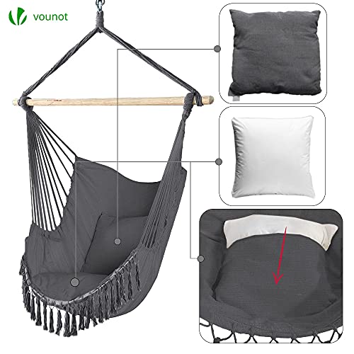 Detalle de cojines extraíbles de la Silla Colgante con Flecos de Algodón con 2 Cojines, Barra Separadora de Madera, Portátil para Interior y Exterior, Gris VOUNOT 