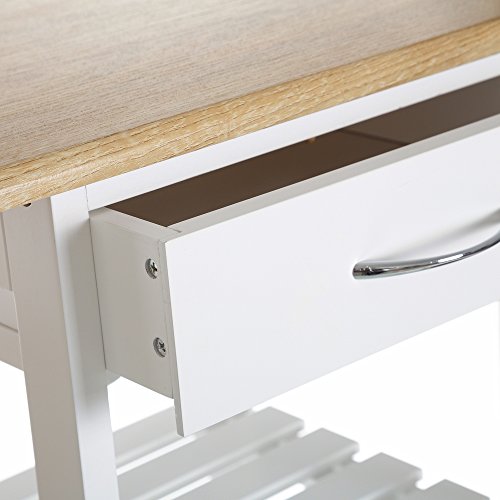 Conjunto de mesa alta y 2 taburetes de madera color blanco con 1 cajón, 2 estantes, cesta extraíble y botellero para cocina. Detalle cajón.  - LOLAhome