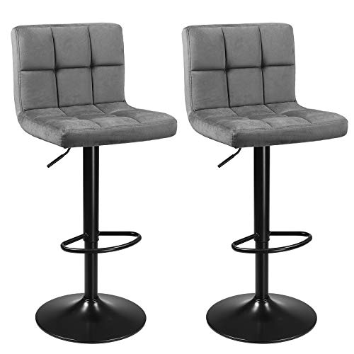 Vista general de Juego de 2 Taburetes para barra con respaldo ideales en la Cocina o el bar, tapizados de Terciopelo, Altura Ajustable Giratoria y Reposapiés, Metal, Gris Oscuro de Songmics