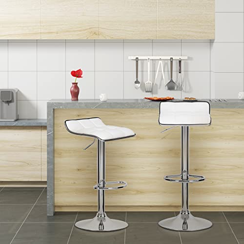 2X Taburetes blancos altos modernos Tapizada de Cuero Sintético Regulable en Altura Giratorios. Vista en cocina moderna. BH28ws-2. WOLTU