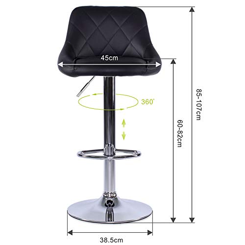 Medidas de taburete del Juego de 2 taburetes de Bar en Piel sintética, giratorios 360°, Altura Regulable, Color Negro, Modelo 4. BC00875. Dibea