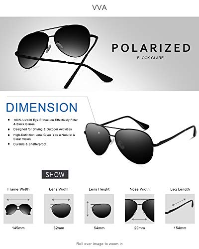 Características y medidas de las Gafas de sol Polarizadas Piloto Unisex Protección UV400 Azul Plateado V101 por VVA