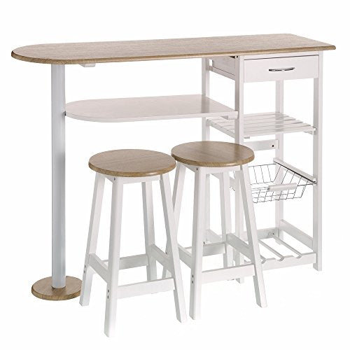 Conjunto de mesa alta y 2 taburetes de madera color blanco con 1 cajón, 2 estantes, cesta extraíble y botellero para cocina. Vista general. - LOLAhome