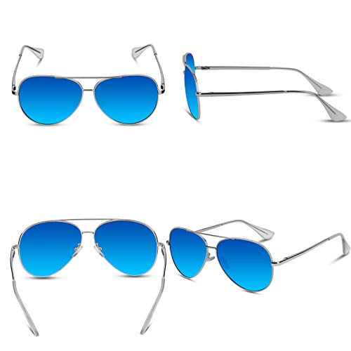 Vista de frente, perfil, escorzo y trasera de Gafas de sol Polarizadas Piloto Unisex Protección UV400 Azul Plateado V101 por VVA