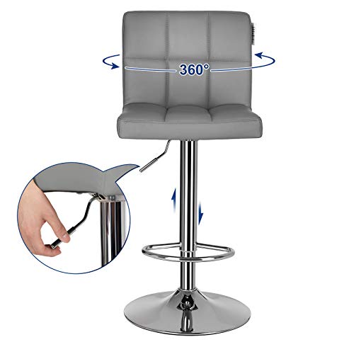 2 Taburetes gris altos de cocina con respaldo y Reposapiés, Regulables en Altura en Piel Sintética, Giratorio 360°, Acero Cromado. Detalle palanca de ajuste de altura y giro de 360º. LJB64GYZ. SONGMICS 