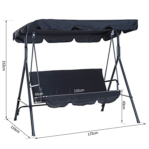 Columpio de Jardín de Metal con Parasol Balancín de 3 Asientos con Cojín y Techo Ajustable Negro. Medidas. Outsunny