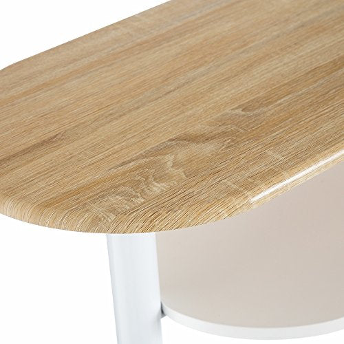 Conjunto de mesa alta y 2 taburetes de madera color blanco con 1 cajón, 2 estantes, cesta extraíble y botellero para cocina. Detalle barra.  - LOLAhome