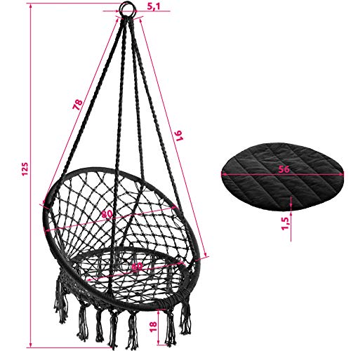Medidas de la Silla Colgante con Cojín, Estructura de Acero, Ideal para Jardín Exterior Terraza Color Negro | No. 403115. TecTake