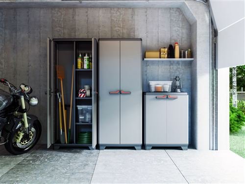 Armario Escobero Keter Stilo | 3 Baldas Regulables, Tiradores Rojos | 68x39x173 cm