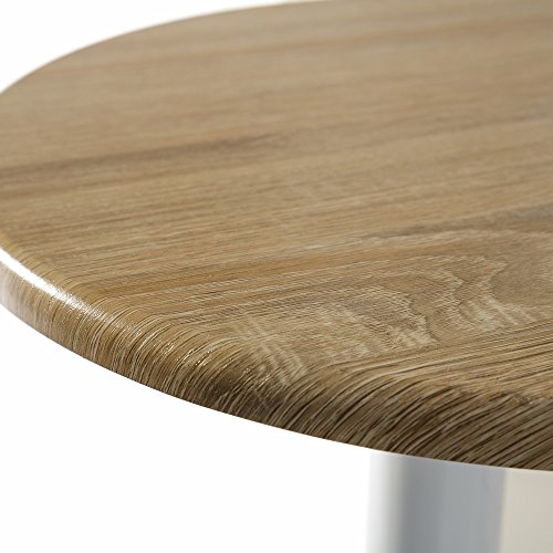 Conjunto de mesa alta y 2 taburetes de madera color blanco con 1 cajón, 2 estantes, cesta extraíble y botellero para cocina. Detalle tablero de mesa.. - LOLAhome
