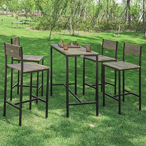 Mesa Alta de Bar y 4 Taburetes con Respaldos Estilo Industrial,ES (Madera). Vista en exterior. OGT14-N. SoBuy