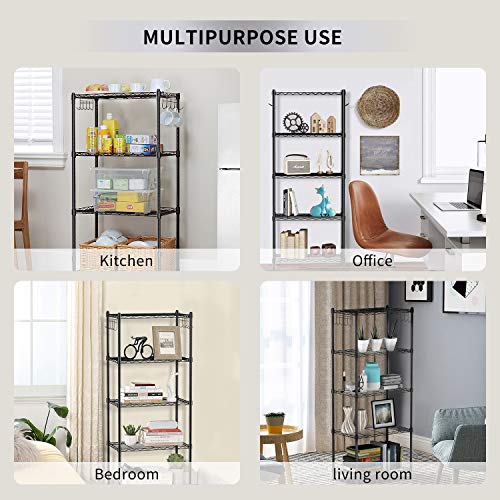 Proposiciones de usos en cocina, oficina, habitación o salón de Estantería Multiuso Ajustable, con 2 x 5-Ganchos Laterales, Capacidad de Carga 25 kg por Balda, 59 x 34 x 150 cm - Negro. Alvorog