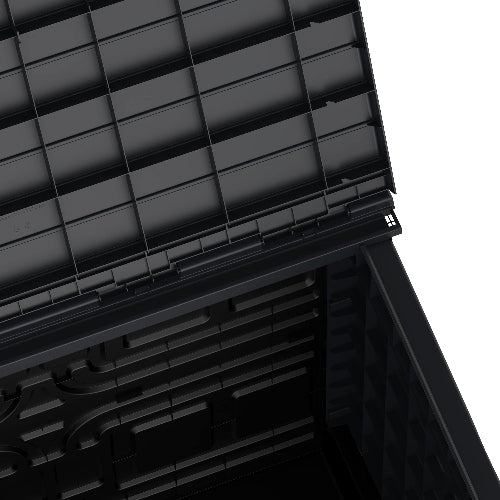 Detalle de la tapa e interior del arcón cubre cubos de exterior Duramax