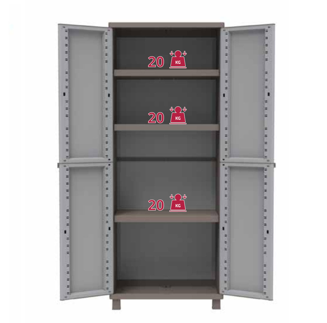 Armario 2 Puertas con 3 Estantes Internos, Gris, 68x37,5x170 cm. Jrattan 268. TERRY. Detalle peso admitido por balda