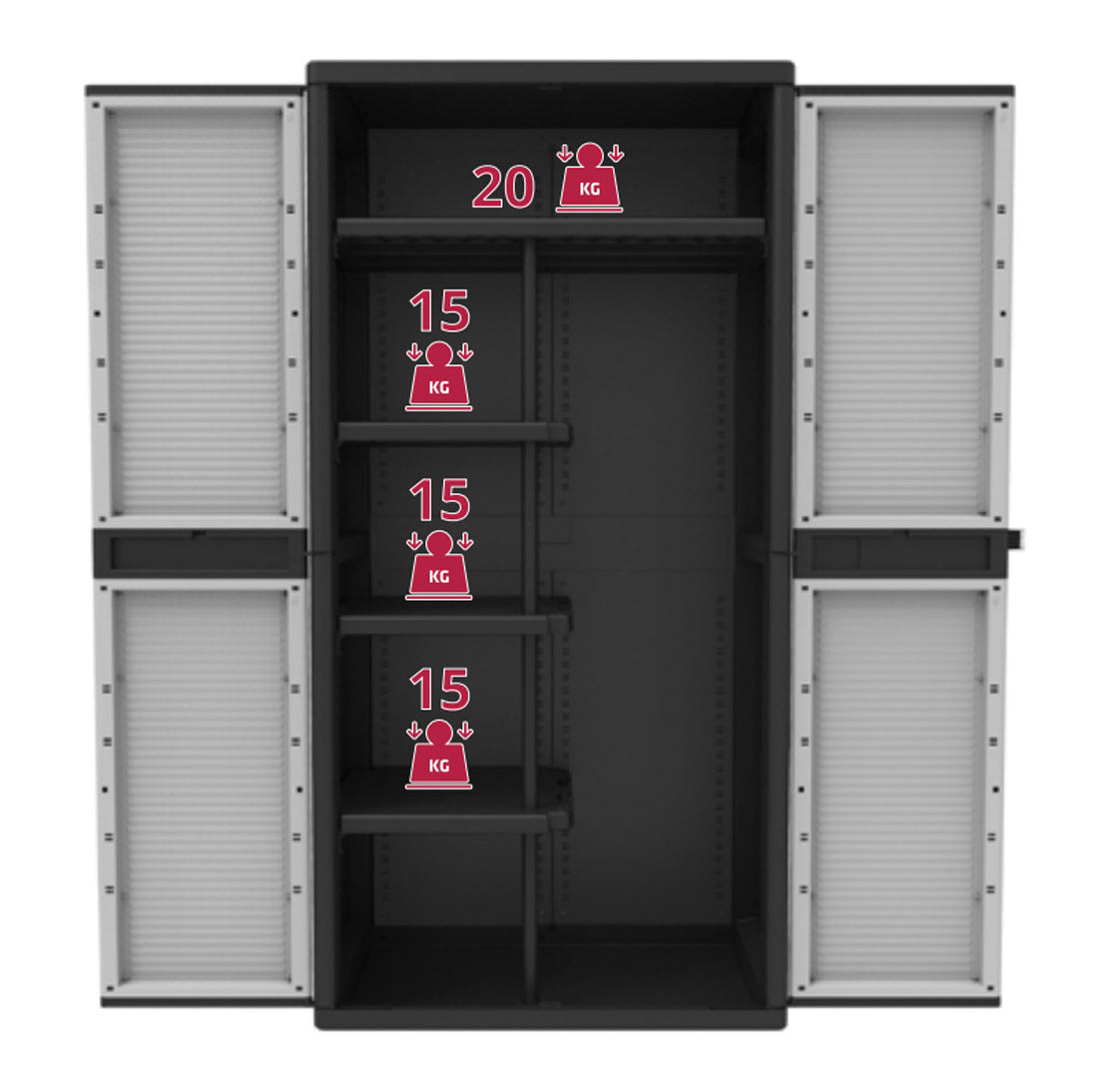 Armario 2 puertas, muy espacioso, divisor vertical y 4 estantes (3 pequeños y 1 grande que ocupa toda la anchura), Gris/Negro, 89,7x53,7x180 cm. TERRY Jumbo Cab 3900 Qblack. Soporta 20 kg  el estante largo y 15 kg el estante corto