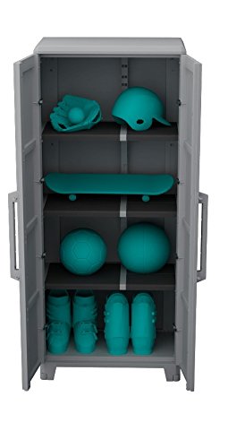 Armario Multifunción 4 módulo 2 Puertas, Material: Plástico, Dimensiones: 78 x 43.6 x 184.40 cm, Gris/Negro. Vista con puertas abiertas y artículos de deportes o aficiones en su interior. Transforming Modular 4. Terry | maxjardin