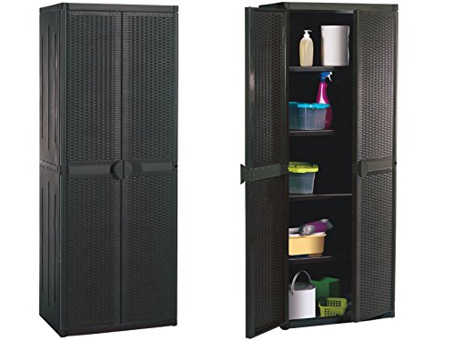 Detalle con puertas abiertas y cerradas del Armario de Resina negra de 4 estantes y 2 puertas 4B Ratan 65X45X172C