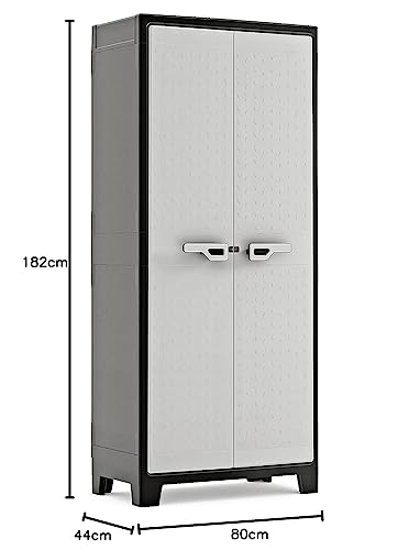 Armario alto Titan de keter en vista frontal con medidas sobre fondo blanco