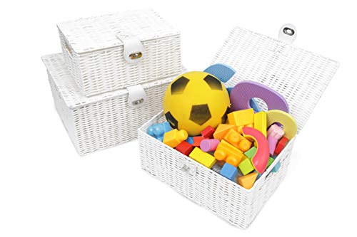 Juguetes guardados en Juego de 3 Cestas de almacenaje de Resina con Tapa y candado, Blanco, Grande, median y pequeña. Large, Medium, Small. Cajas ARPAN