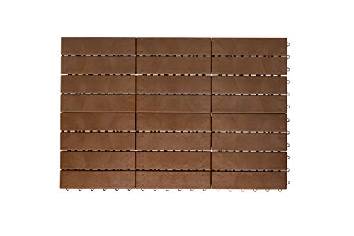 Vista cenital de las baldosas de Jardín para Exteriores Vista de pack de 6 piezas de aspecto de madera y disposición en línea sobre fondo blanco